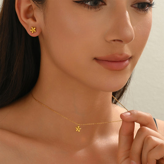 Lxalry 18K Gold Plated Stainless Steel Flower Pendant Necklace And Earrings Set For Women - Cute & Elegant Minimalist Jewelry For Summer, Gifts, Daily Wear, Birthday, And Anniversary - Waterproof & Hy